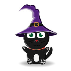 black cartoon cat in a witch's hat. Vector Illustration