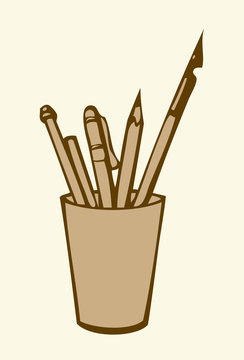 Pens and pencils in a glass. Vector drawing