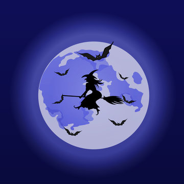 witch flying over the moon. vector illustration