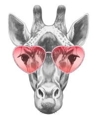 Giraffe in Love! Portrait of Giraffe with sunglasses. Hand drawn illustration.