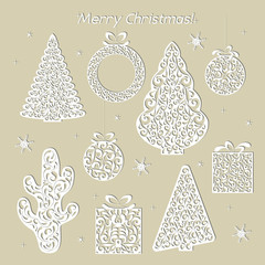 Set of Christmas openwork white paper figures. Stencil design. Laser decoration template for greeting cards, invitations. Tree, cactus, wreath, ball, gift, snowflake. Vector illustration.