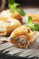 Traditional arabic dessert Baklava with honey