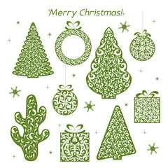 Set of Christmas openwork green paper figures. Stencil design. Laser decoration template for greeting cards, invitations. Tree, cactus, wreath, ball, gift, snowflake. Vector illustration.
