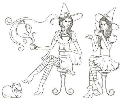 Girlfriends witches. Isolated outline on a white background for the painting.