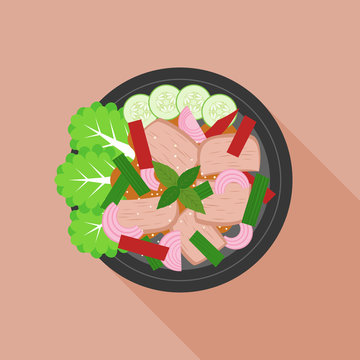 spicy and sour beef salad in thai style, thai cuisine, flat design vector