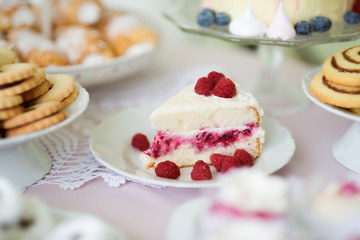 Close up, raspberry cake, cookies, horn pastry. Studio shot.