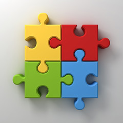 Colorful jigsaw puzzle pieces concept on white wall background with shadow 3D rendering