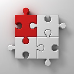 Red jigsaw puzzle piece stand out from the crowd different concept on white wall background with shadow 3D rendering