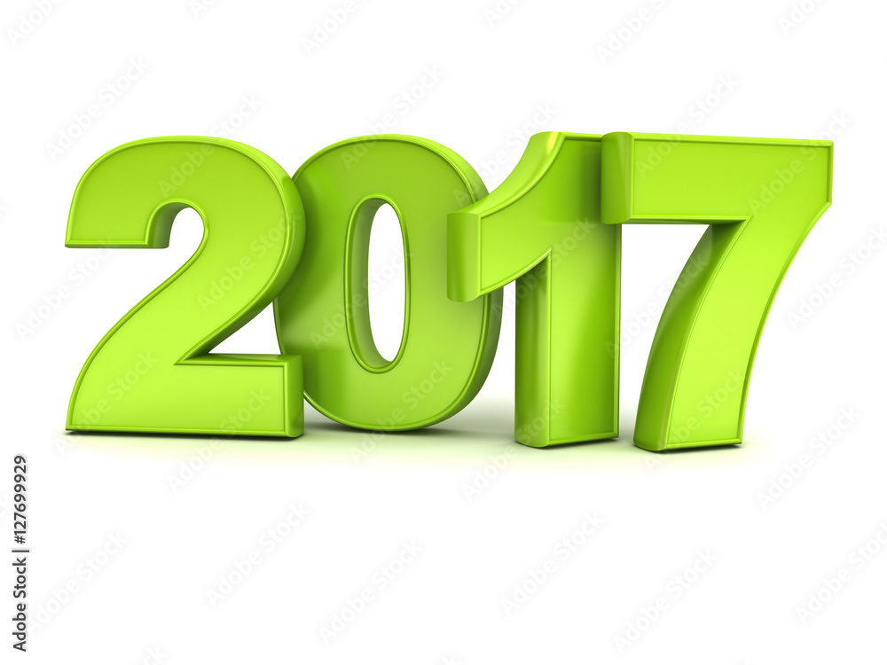 Poster Happy new year 2017 3D green text isolated over white background with shadow and reflection 3D rendering