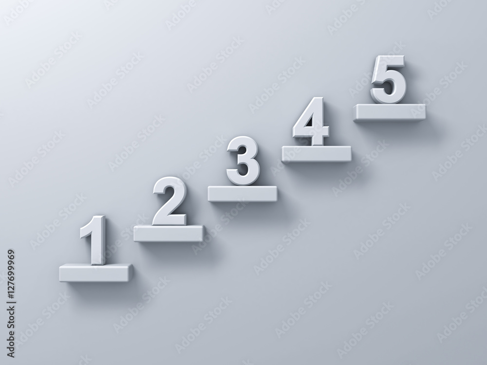 Leinwandbilder abstract stairs or steps concept on white wall background with number one to five 3d rendering