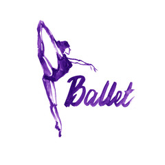 Watercolor illustration violet ballerina icon in dance. Design poster ballet school, studio