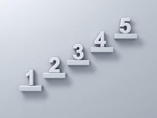 Abstract stairs or steps concept on white wall background with number one to five 3D rendering
