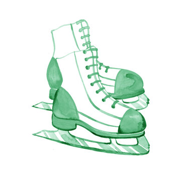 Watercolor winter holidays card with green ice skates cartoon sketch.