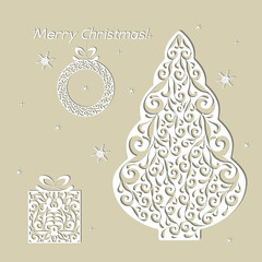 Christmas openwork white paper card. Stencil design with tree, w