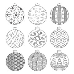 Set of Hand draw Christmas balls for coloring with elements doodle. Black and white Coloring book und page. Vector illustration.