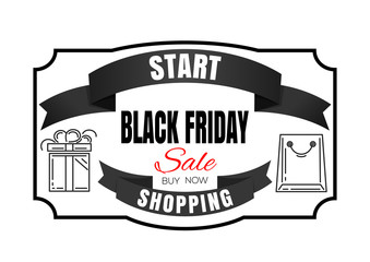 Black Friday Sale. Gift box and shopping bag. Black Friday lettering card. Frame and typographic design. Start shopping. Buy now. Vector illustration