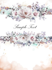 Card, Watercolor wedding invitation design with roses, bud and leaves. Hand painted floral background with floral elements for your text, splash paint, watercolor background. Template. Frame