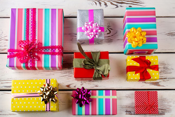 Many colorful Christmas gifts.