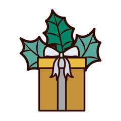 gift with gray bow and christmas leaves vector illustration