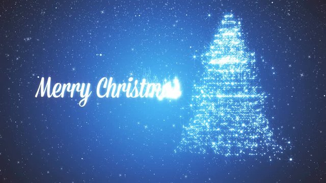 Snowy background with a rotating Christmas tree of shiny particles. Festive background with animated text Merry Christmas and Christmas tree. Winter background with falling snowflakes.