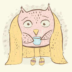 Cute owl with a blanket and a mug of tea. Comfort. character owl, autumn. baby illustration. shirt design