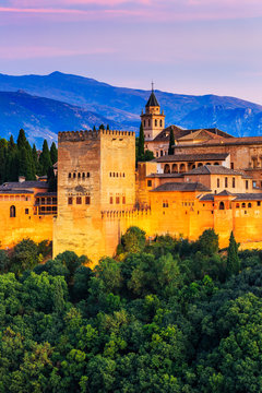 Alhambra of Granada, Spain. Alhambra fortress at twilight.