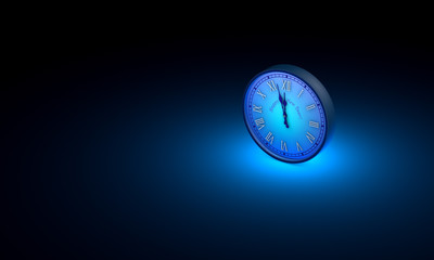 Midnight, New Year...Space and time. One blue circular clock. Available in high-resolution and several sizes. Black art background layout with free text space. 3D illustration.
