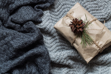 New Year's background. coffee and Christmas toys and warm scarves.