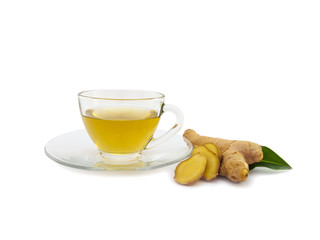 Ginger tea and root vegetable on white background