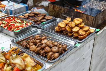 catering food buffet, salad, grilled mushrooms and potato