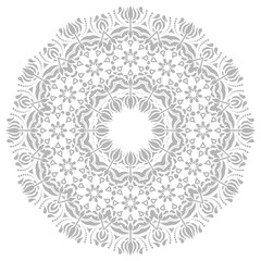 Oriental round pattern with arabesques and floral elements. Traditional classic ornament. Light silver and white pattern