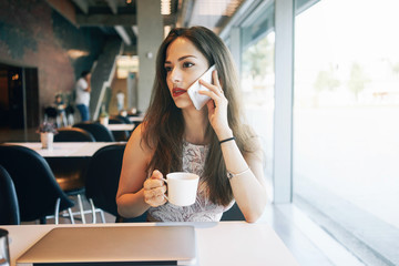 A caucasian female freelancer is talking on a phone while sitting in a cafe with a portable computer on a table. Young attractive business woman is making a business call during the lunch break.