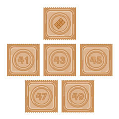 Chocolate flavored condom in package size 41, 43, 45, 47 and 49 illustration brown color and chocolate icon flat design isolated on white background