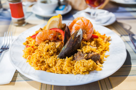 paella with seafood and meat