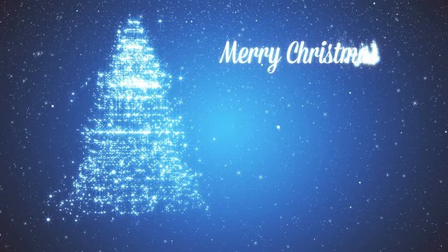 Snowy blue background with a rotating Christmas tree of shiny particles. Festive background with animated text Merry Christmas and Christmas tree. Winter background with falling snowflakes.