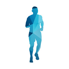 Polygonal running man, abstract blue vector silhouette