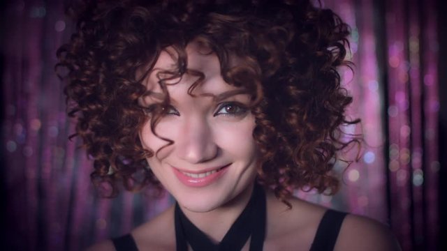 4k Disco Curly Sexy Woman Posing Playful with her Hairs