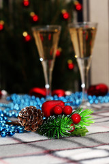 Christmas card - Christmas decorations and champagne in the comfort of your home