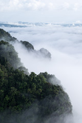 Mountain landscape with fog in morning. Krabi Province, Thailand