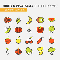 Fruits and Vegetables Thin Line Vector Icons Set with Banana, Tomato and Strawberry