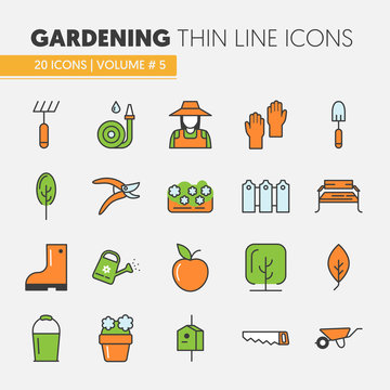 Gardening Thin Line Vector Icons Set with Flowers and Gardener