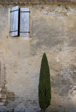 Frankreich. Rhone Alpes. Drome. Richerenches. Alte Fassade mit Zypresse.