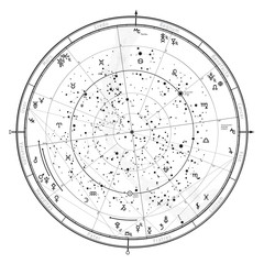 Astrological Celestial map of Northern Hemisphere. Horoscope on January 1, 2017 (00:00 GMT). Detailed chart with symbols and signs of Zodiac, planets, asteroids & etc.