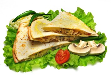 Mexican quesadillas with cheese, vegetables and salsa isolated on the white