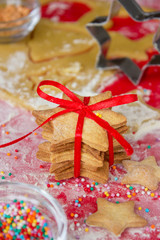 Tower of gingerbread and cooking gingerbread in process. Christmas cookies
