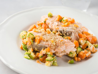 Steamed salmon with vegetables for healthy lunch