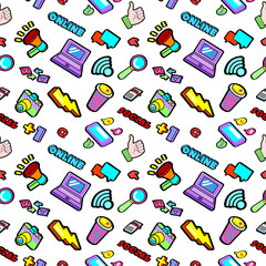 Social Networks Seamless Vector Background with Laptop Megaphone and Wireless Technology