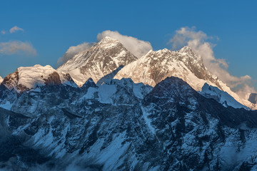 Mount Everest view from Gokyo Ri. Picturesque mountain summit scenery in the evening before sunset. Dramatic snowy peak of Everest, Sagarmatha National Park, Nepal, Himalayas.