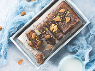 Chocolate cake for cozy breakfast. Top view