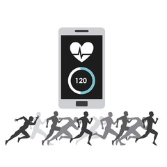 smartphone device with sport app and silhouette of people running over white background. vector illlustration